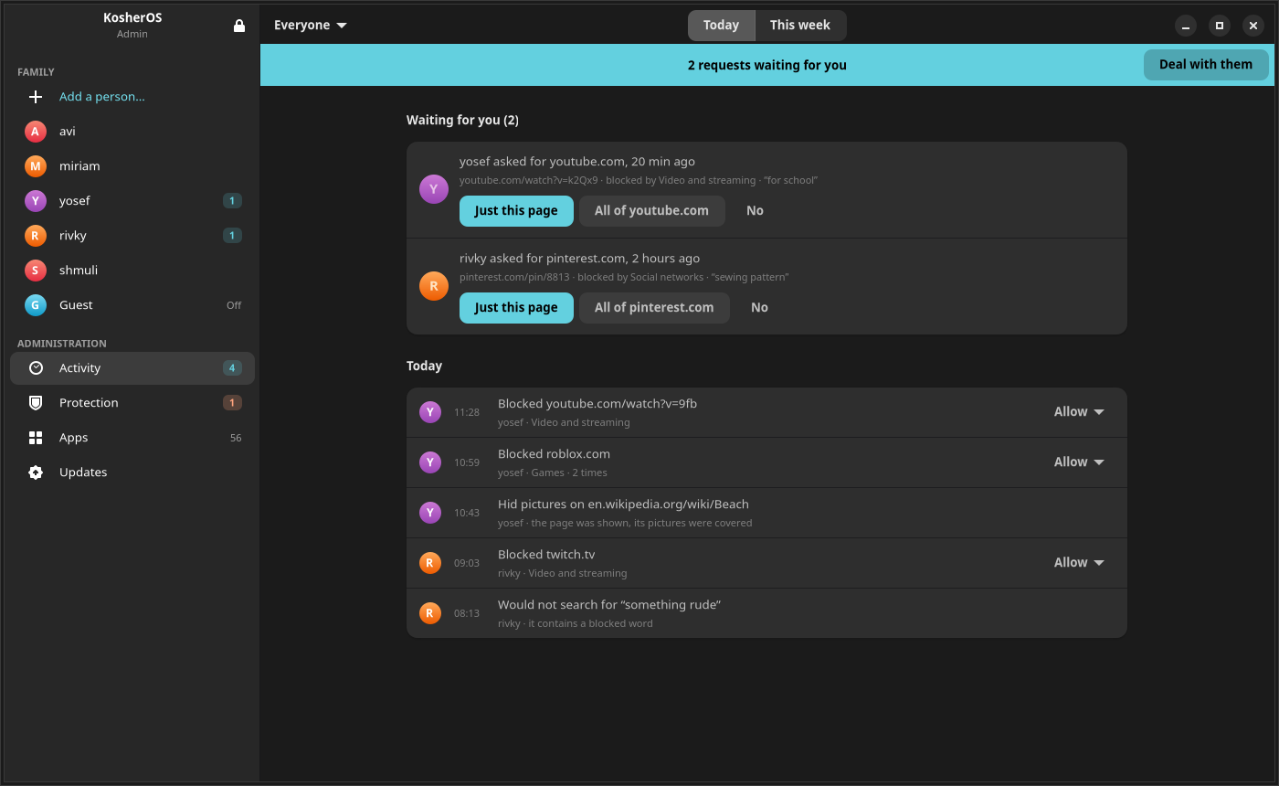 The activity tab: what the filter blocked, hid or refused, newest first