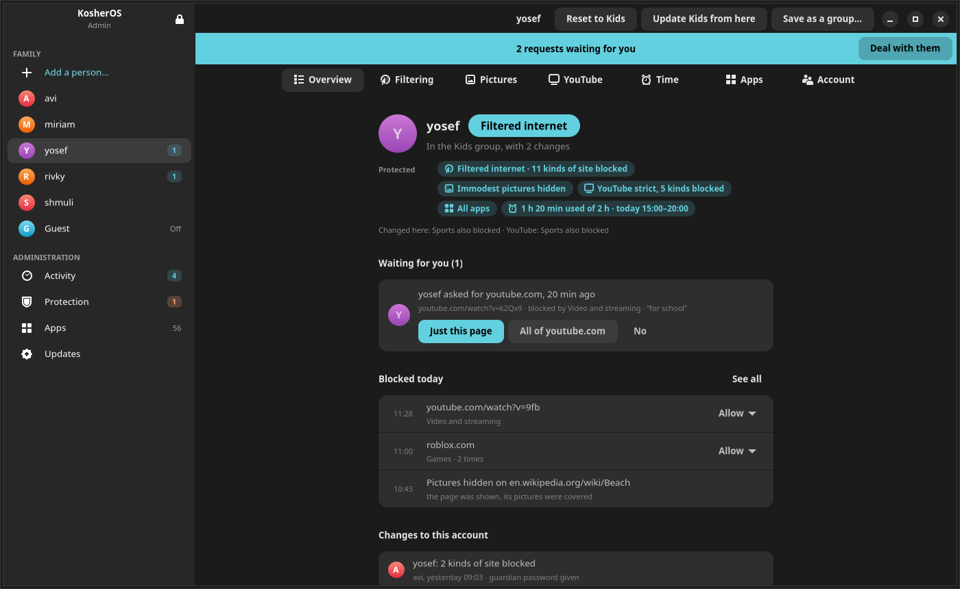 The admin app: the family and the administration pages in a sidebar, one person's page open with a blue banner under its header reading two requests waiting for you, and an amber count beside Protection