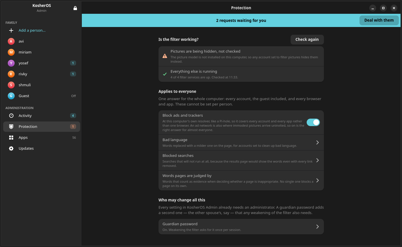 The Protection page: is the filter working, what applies to everyone, and who may change it